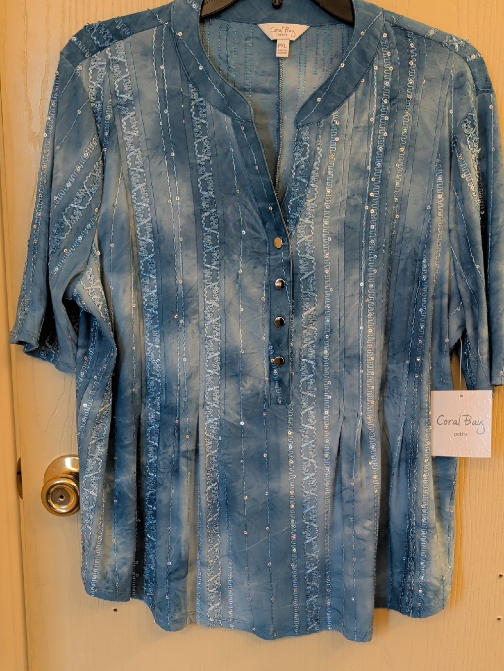 Coral Bay Blue Sequin-Striped Button Placket Casual Shirt - Petite XL (NWT)
